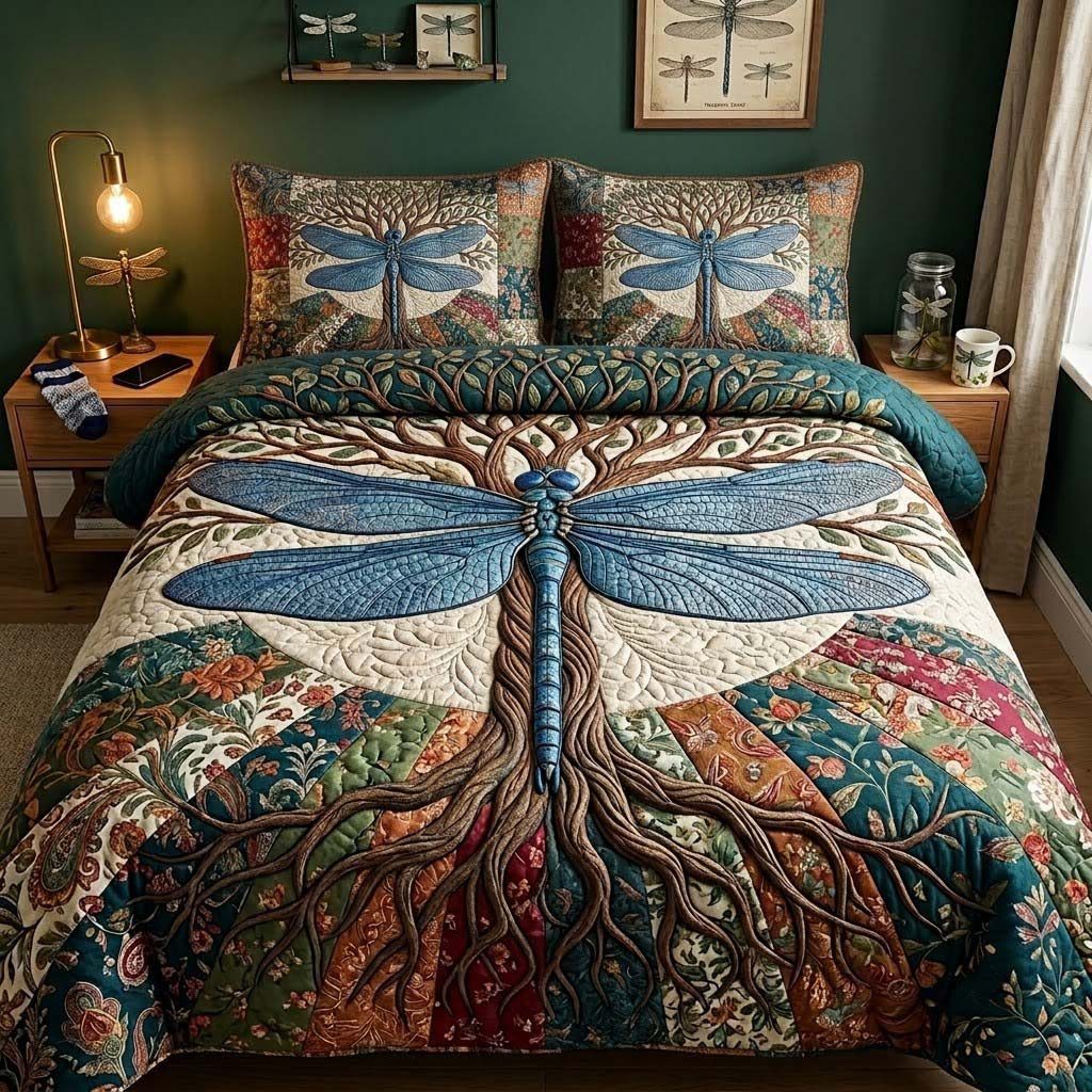 Wingsofthe Garden quilted 3-piece bedding set on a made bed with two matching pillow shams