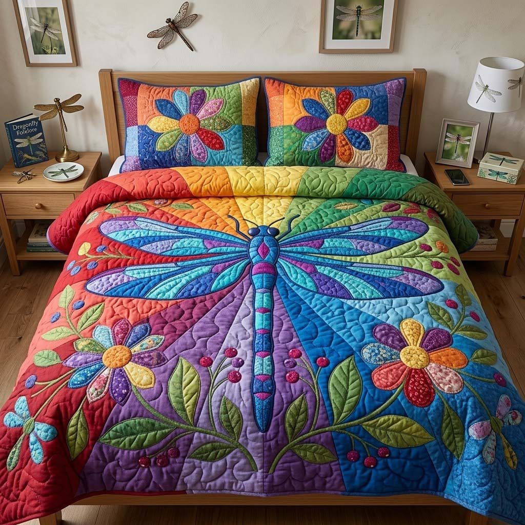 Wingsofthe Garden quilted 3-piece bedding set on a made bed with two matching pillow shams