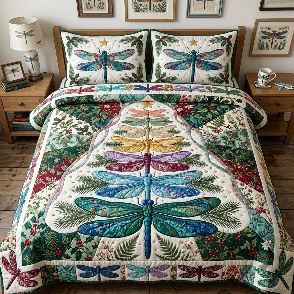 Wingsofthe Garden quilted 3-piece bedding set on a made bed with two matching pillow shams