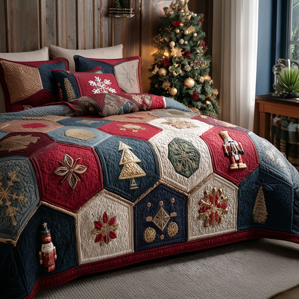 Winter Ballet quilted 3-piece bedding set on a made bed in a winter-styled bedroom