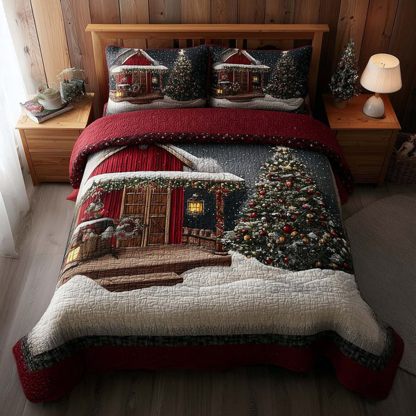 Winter Barn quilted 3-piece bedding set on a made bed in a winter-styled bedroom