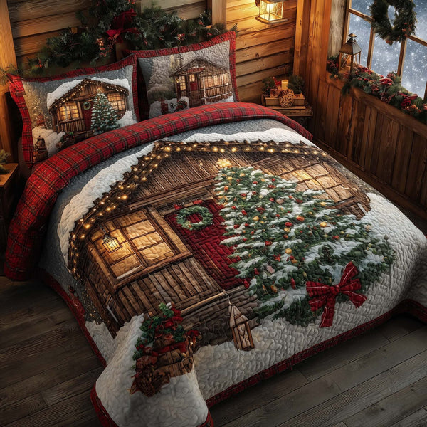 Winter Barn quilted 3-piece bedding set on a made bed in a winter-styled bedroom