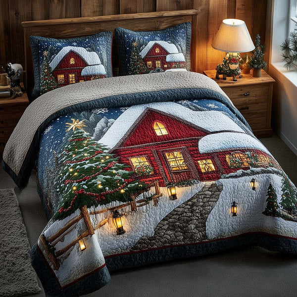 Winter Barn quilted 3-piece bedding set on a made bed in a winter-styled bedroom