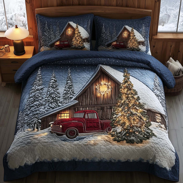 Winter Barn quilted 3-piece bedding set on a made bed in a winter-styled bedroom