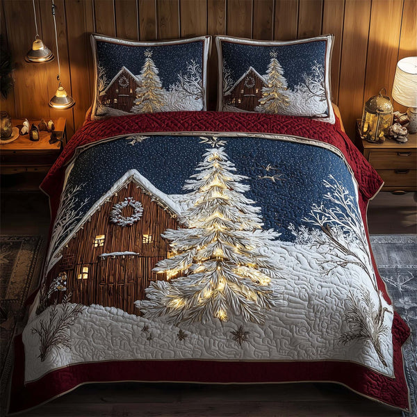 Winter Barn quilted 3-piece bedding set on a made bed in a winter-styled bedroom