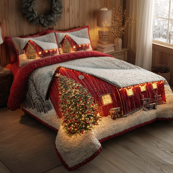 Winter Barn quilted 3-piece bedding set on a made bed in a winter-styled bedroom