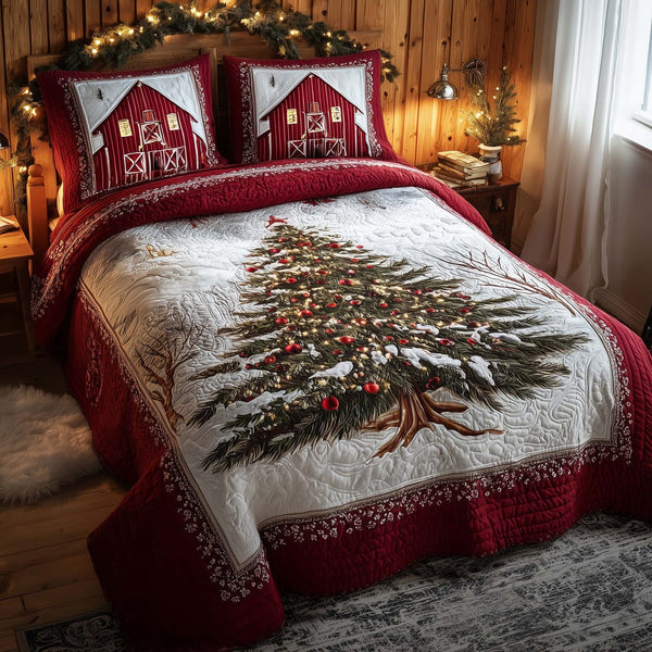 Winter Barn quilted 3-piece bedding set on a made bed in a winter-styled bedroom