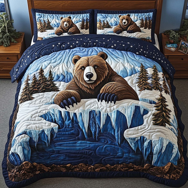 Winter Bear quilted 3-piece bedding set on a made bed in a winter-styled bedroom