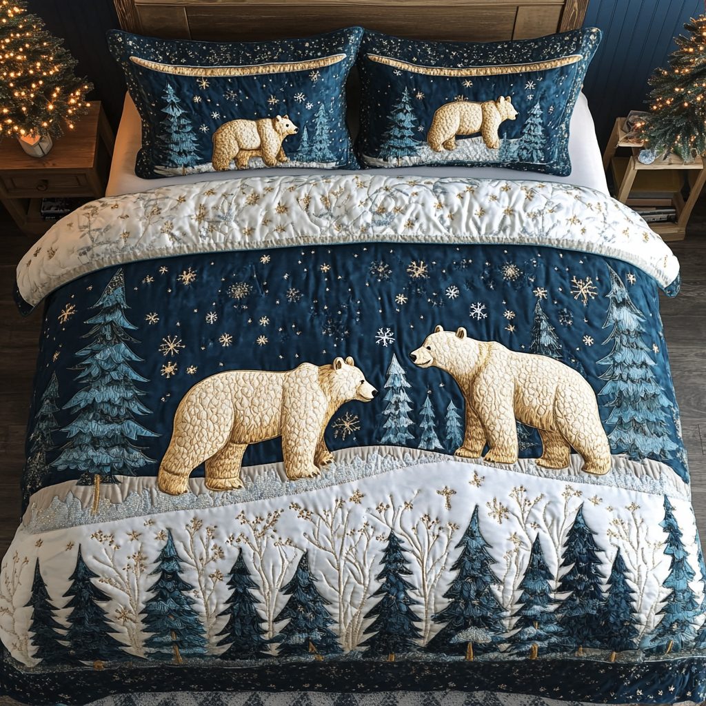 Winter Bears quilted 3-piece bedding set on a made bed in a winter-styled bedroom