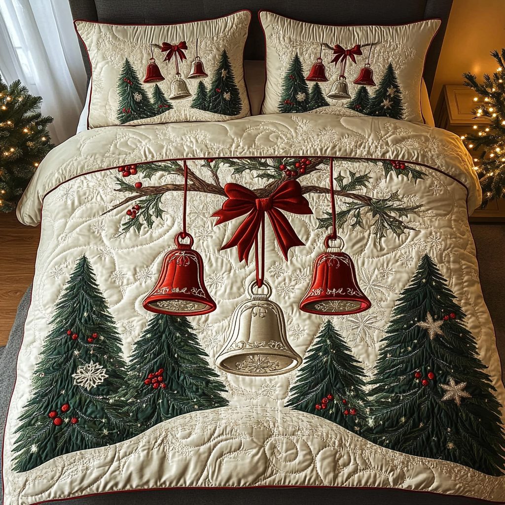 Winter Bells Delight quilted 3-piece bedding set on a made bed in a winter-styled bedroom
