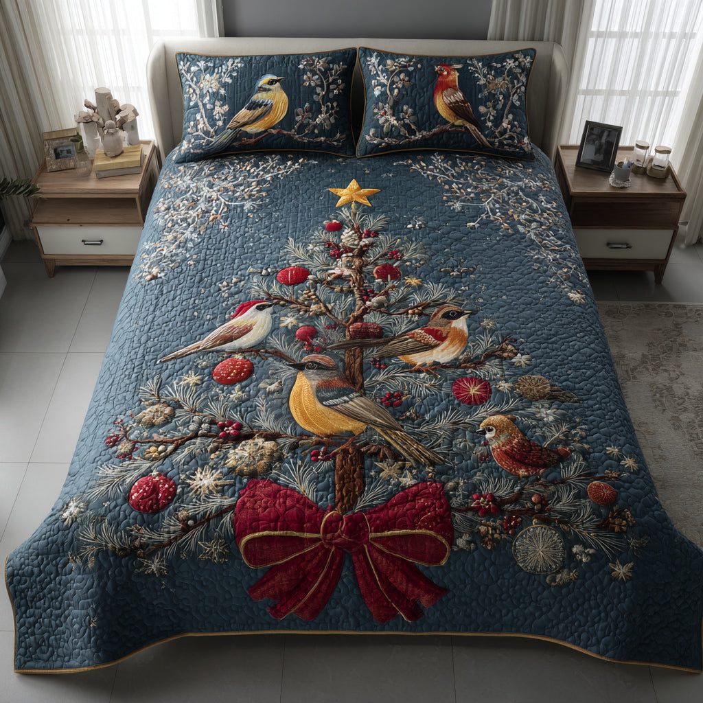Winter Bird Christmas quilted 3-piece bedding set on a made bed in a winter-styled bedroom