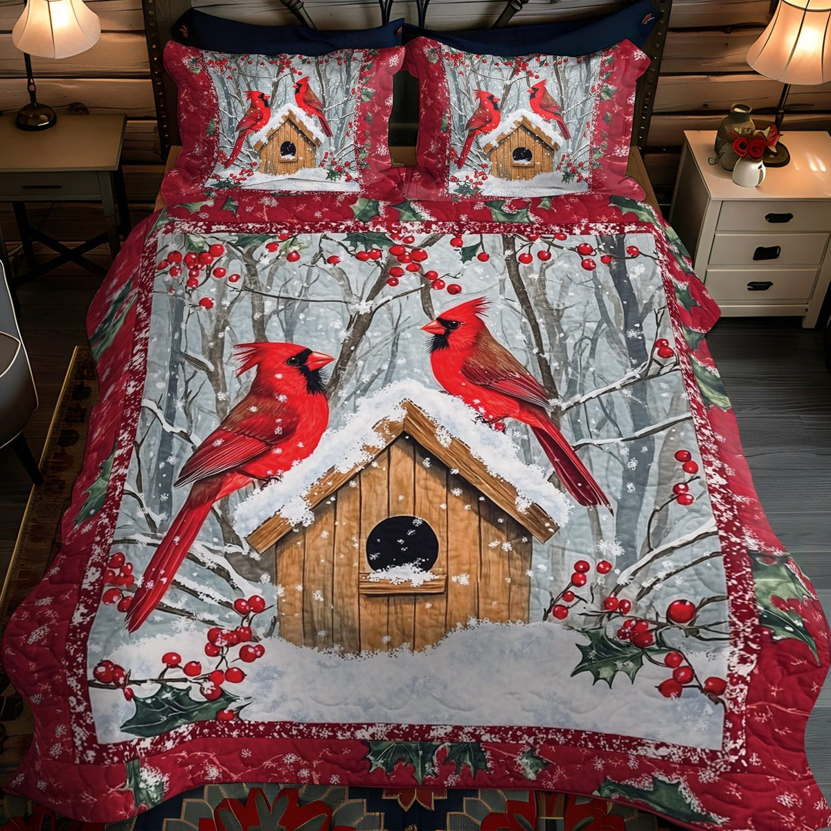Winter Birdhouse Bliss quilted 3-piece bedding set on a made bed in a winter-styled bedroom