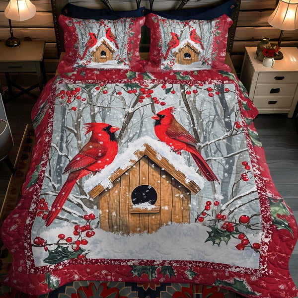 Winter Birdhouse Bliss quilted 3-piece bedding set on a made bed in a winter-styled bedroom