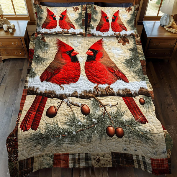 Winter Birds Bliss quilted 3-piece bedding set on a made bed in a winter-styled bedroom