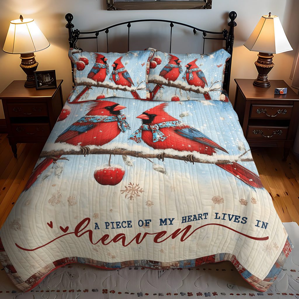 Winter Birds Delight quilted 3-piece bedding set on a made bed in a winter-styled bedroom