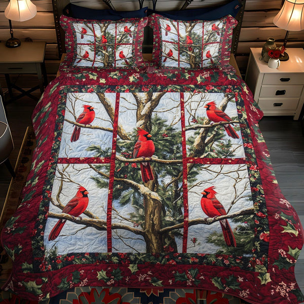 Winter Birds Rest quilted 3-piece bedding set on a made bed in a winter-styled bedroom