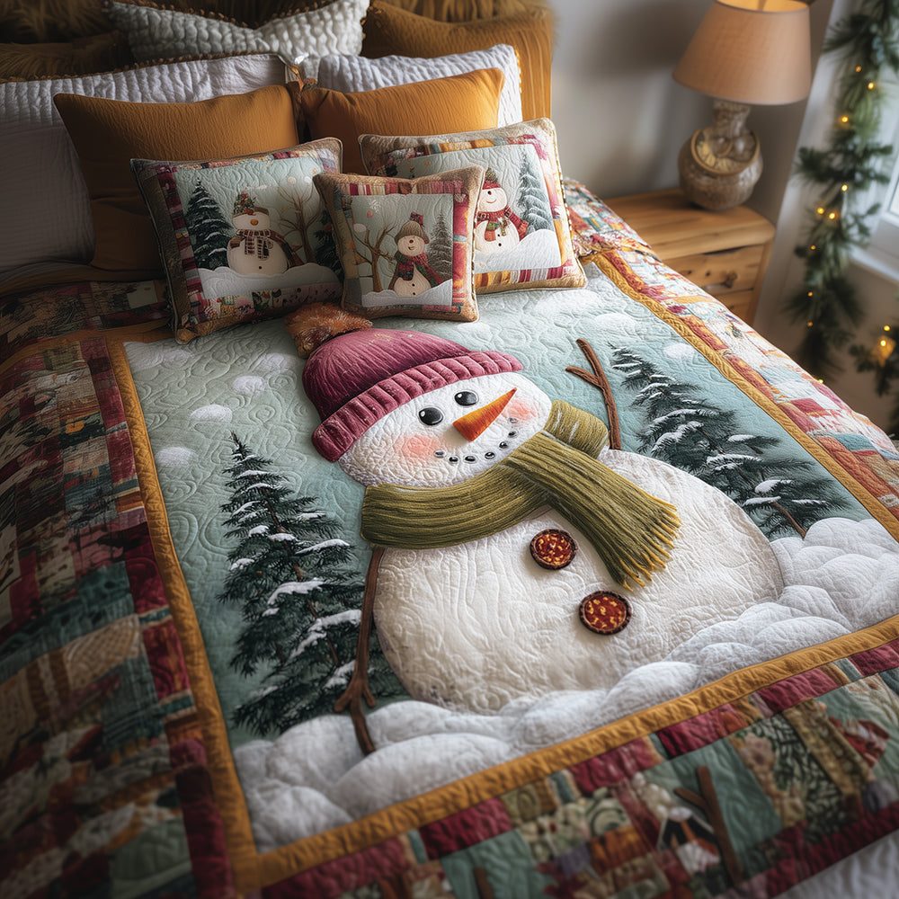 Winter Bliss quilted 3-piece bedding set on a made bed in a winter-styled bedroom