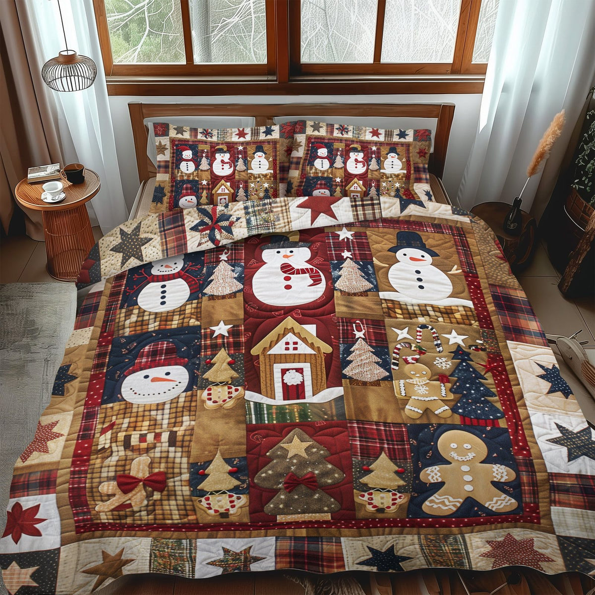 Winter Bliss quilted 3-piece bedding set on a made bed in a winter-styled bedroom