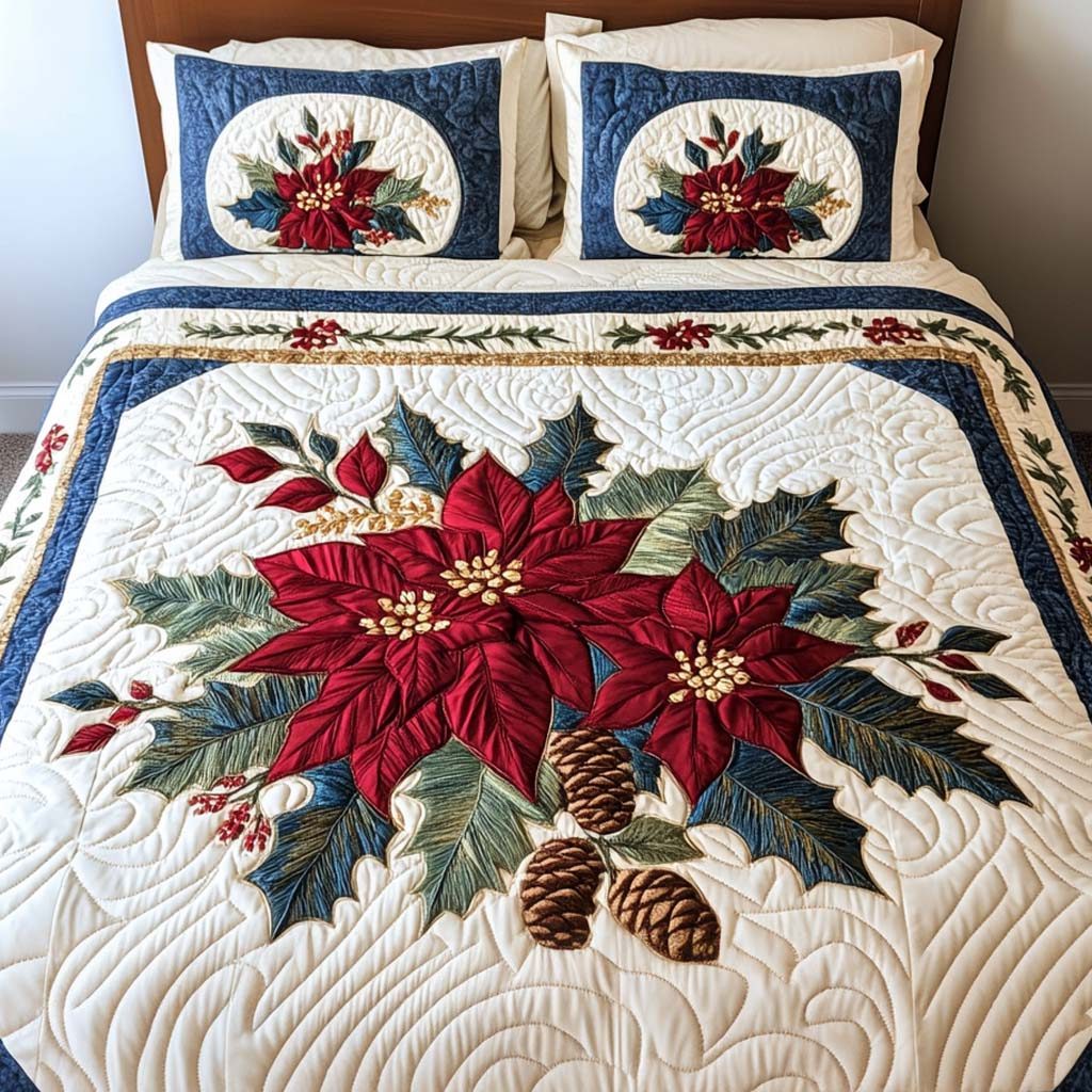 Winter Bloom quilted 3-piece bedding set on a made bed in a winter-styled bedroom