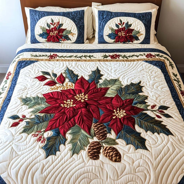 Winter Bloom quilted 3-piece bedding set on a made bed in a winter-styled bedroom