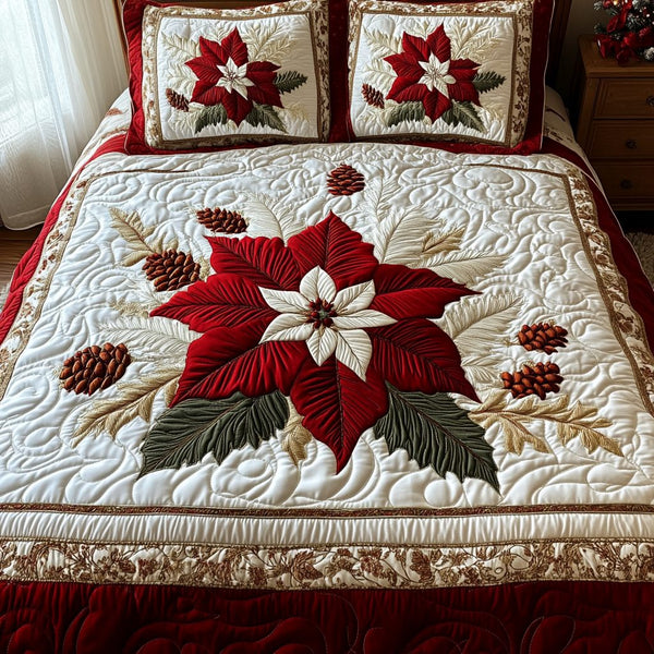 Winter Blossom quilted 3-piece bedding set on a made bed in a winter-styled bedroom