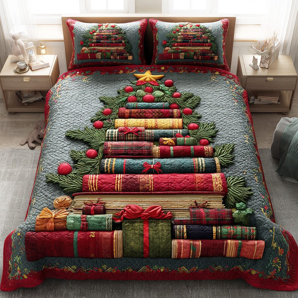 Winter Booktree quilted 3-piece bedding set on a made bed in a winter-styled bedroom