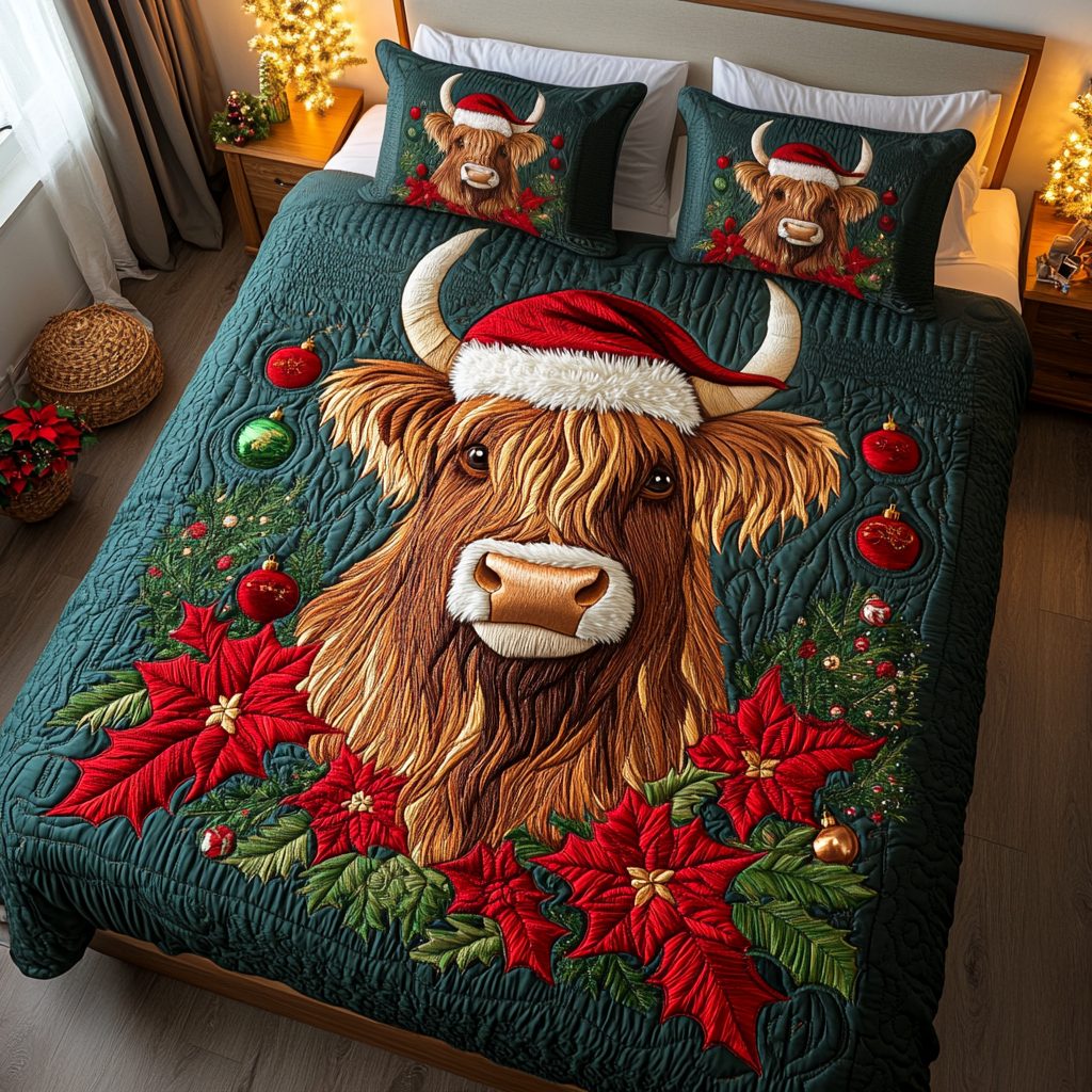 Winter Bovines quilted 3-piece bedding set on a made bed in a winter-styled bedroom