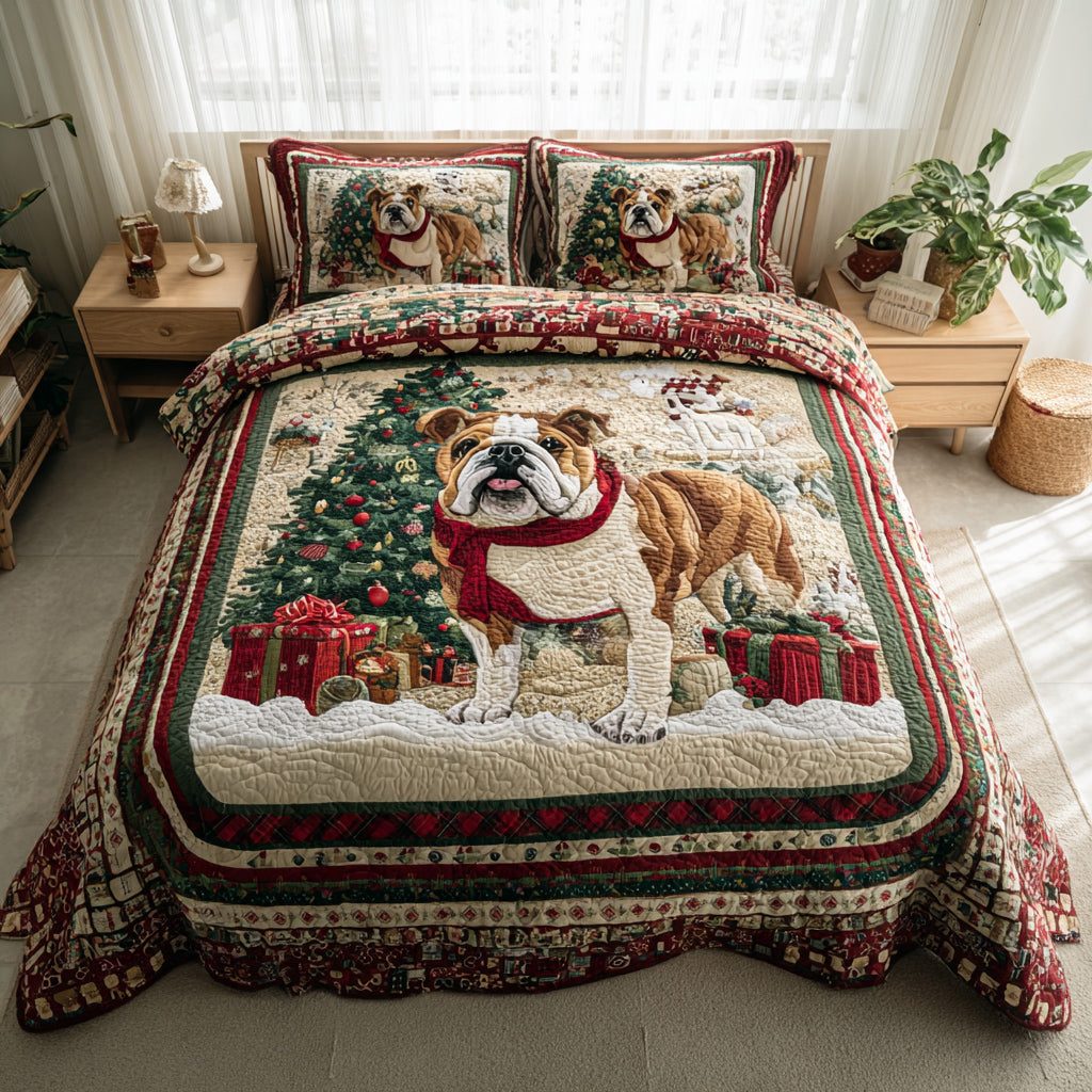 Winter Bulldog Wonderland quilted 3-piece bedding set on a made bed in a winter-styled bedroom