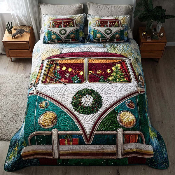 Winter Cabin Camp quilted 3-piece bedding set on a made bed in a winter-styled bedroom