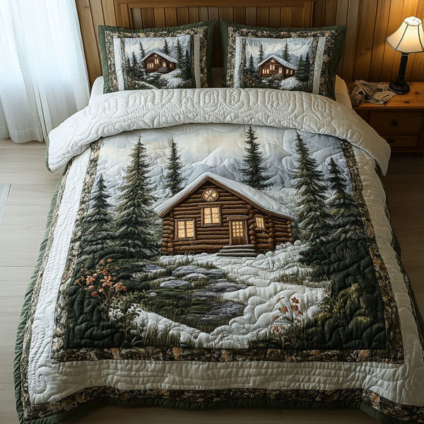 Winter Cabin Forest quilted 3-piece bedding set on a made bed in a winter-styled bedroom