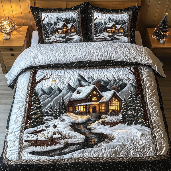 Winter Cabin Night quilted 3-piece bedding set on a made bed in a winter-styled bedroom