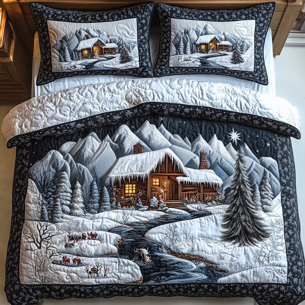 Winter Cabin Night quilted 3-piece bedding set on a made bed in a winter-styled bedroom