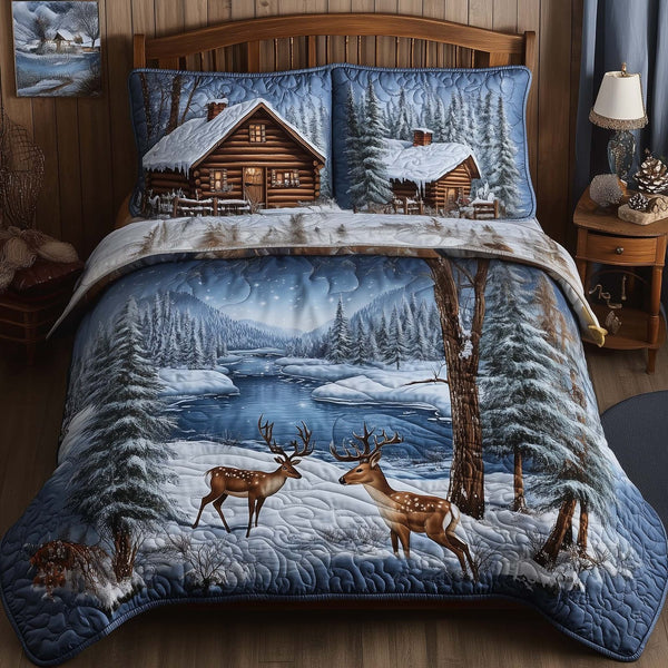 Winter Cabin quilted 3-piece bedding set on a made bed in a winter-styled bedroom