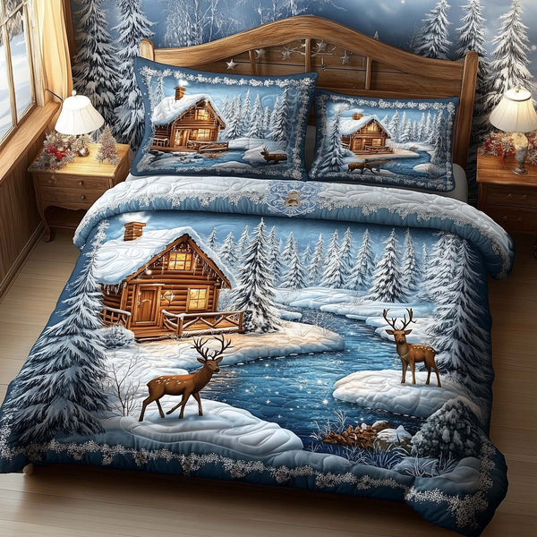 Winter Cabin quilted 3-piece bedding set on a made bed in a winter-styled bedroom