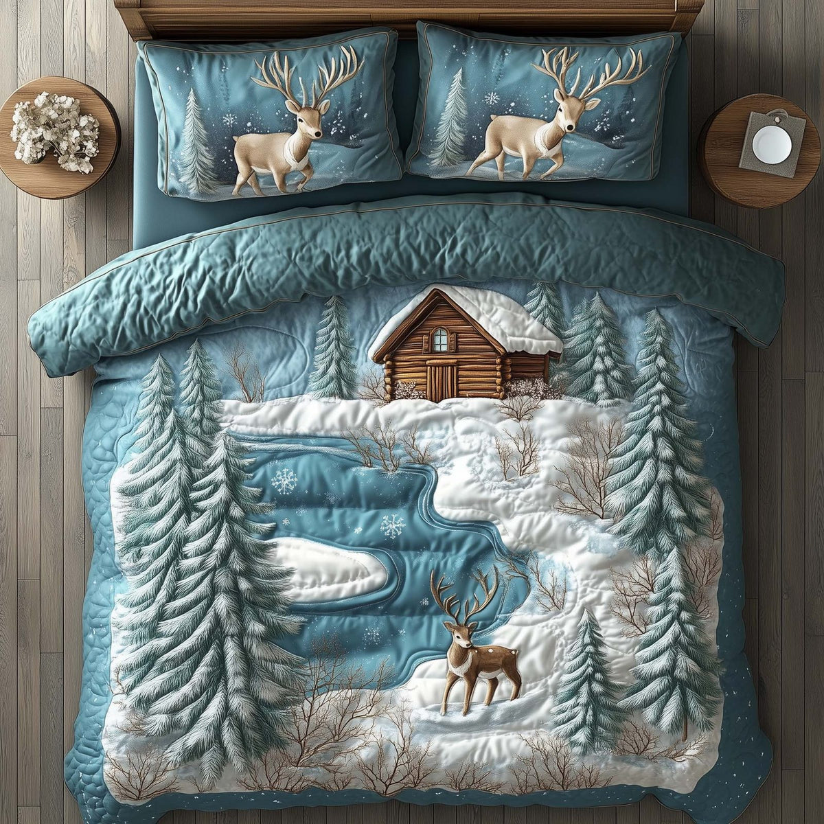 Winter Cabin quilted 3-piece bedding set on a made bed in a winter-styled bedroom