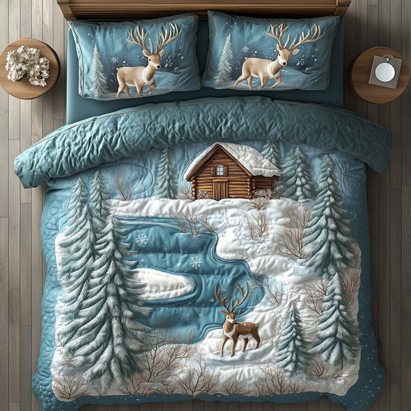 Winter Cabin quilted 3-piece bedding set on a made bed in a winter-styled bedroom