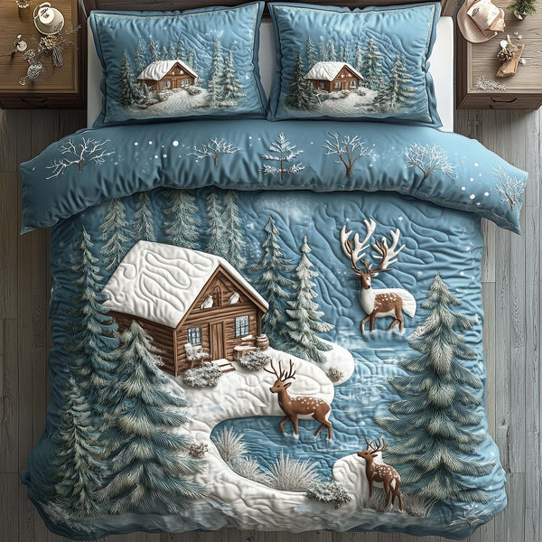 Winter Cabin quilted 3-piece bedding set on a made bed in a winter-styled bedroom
