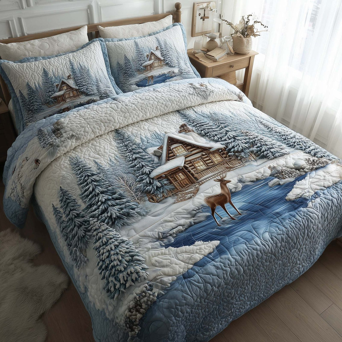 Winter Cabin quilted 3-piece bedding set on a made bed in a winter-styled bedroom
