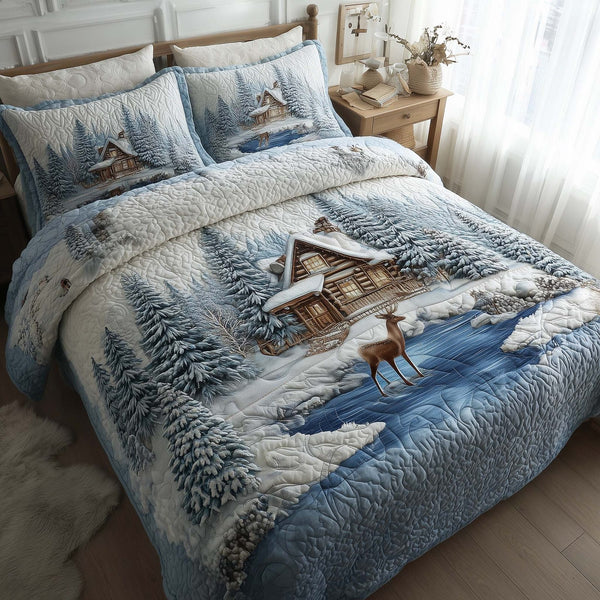 Winter Cabin quilted 3-piece bedding set on a made bed in a winter-styled bedroom