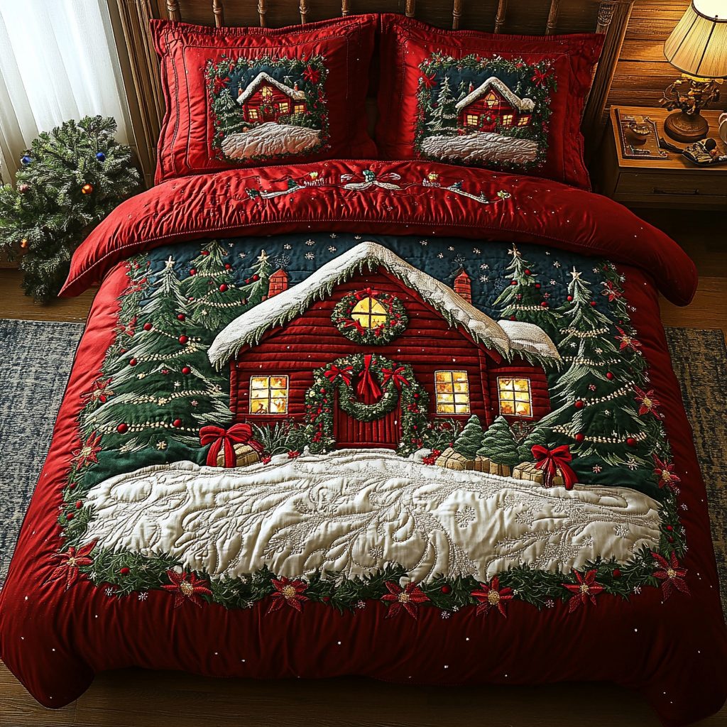 Winter Cabin quilted 3-piece bedding set on a made bed in a winter-styled bedroom