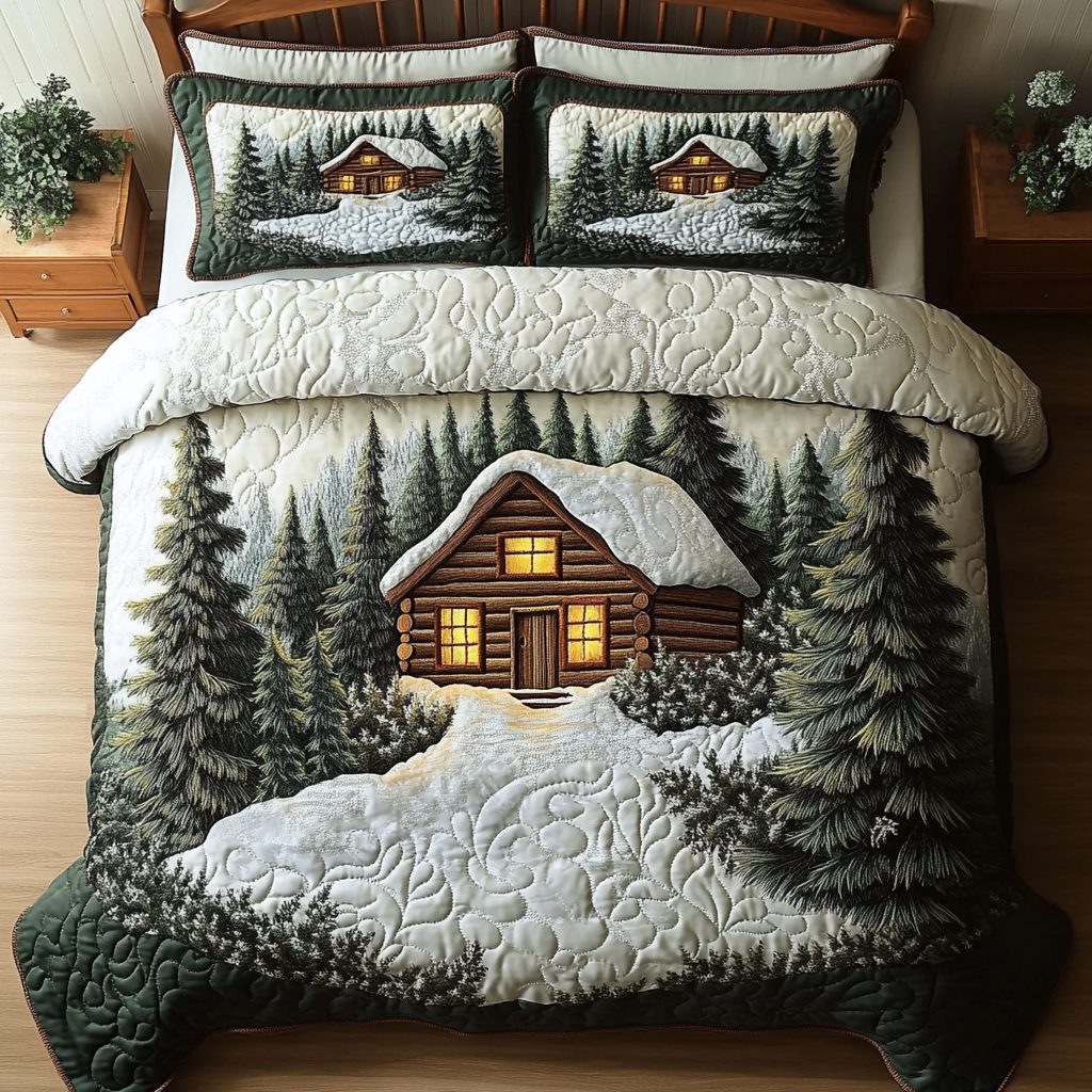 Winter Cabin quilted 3-piece bedding set on a made bed in a winter-styled bedroom