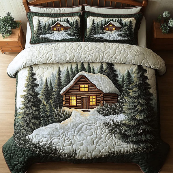 Winter Cabin quilted 3-piece bedding set on a made bed in a winter-styled bedroom
