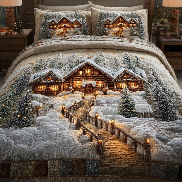 Winter Cabin quilted 3-piece bedding set on a made bed in a winter-styled bedroom