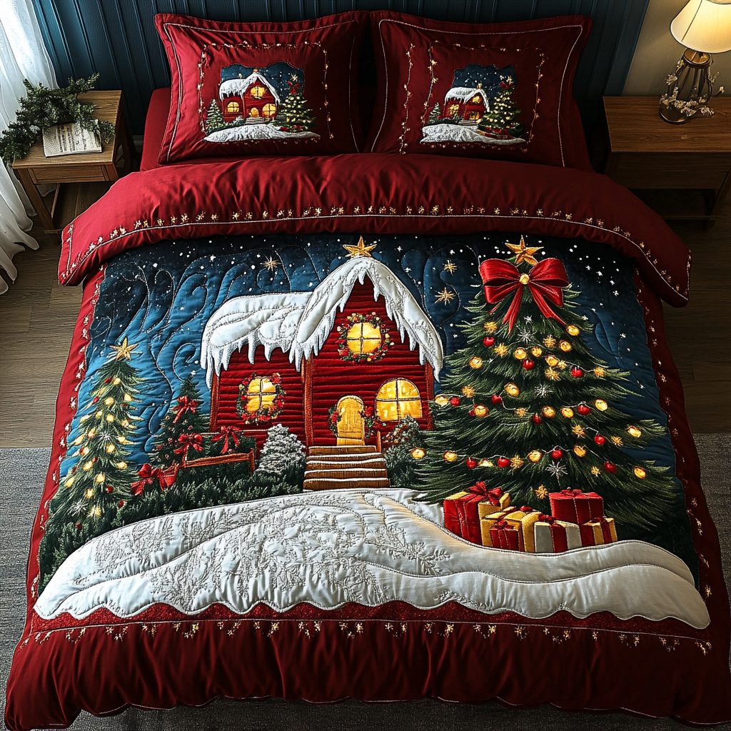 Winter Cabin quilted 3-piece bedding set on a made bed in a winter-styled bedroom