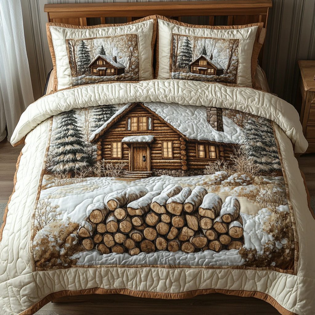 Winter Cabin quilted 3-piece bedding set on a made bed in a winter-styled bedroom