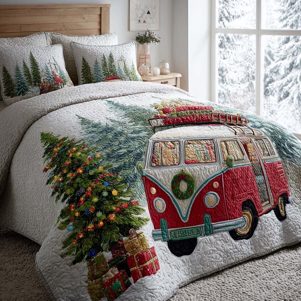 Winter Camp Escape quilted 3-piece bedding set on a made bed in a winter-styled bedroom