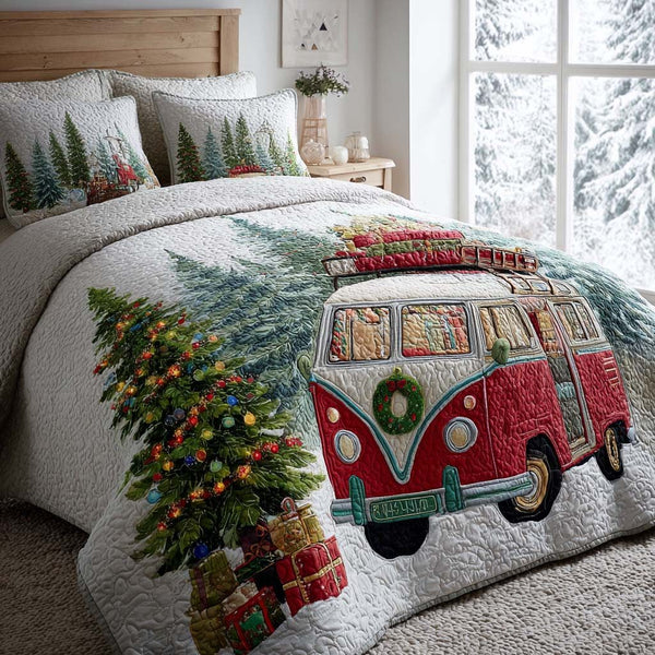Winter Camp Escape quilted 3-piece bedding set on a made bed in a winter-styled bedroom