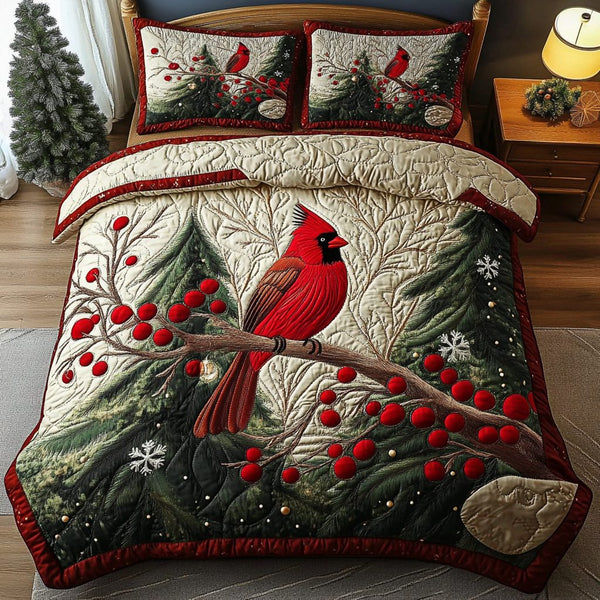Winter Cardinal Bliss quilted 3-piece bedding set on a made bed in a winter-styled bedroom