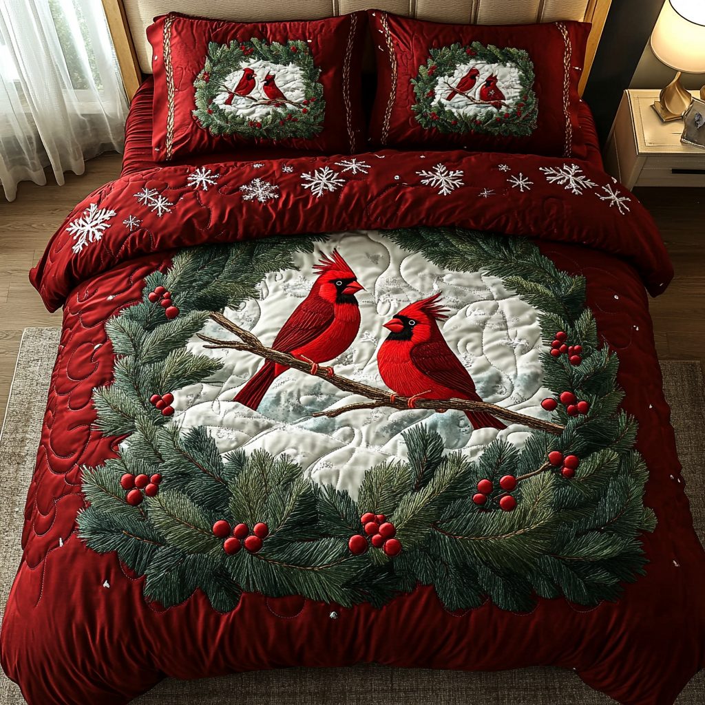 Winter Cardinal Charm quilted 3-piece bedding set on a made bed in a winter-styled bedroom