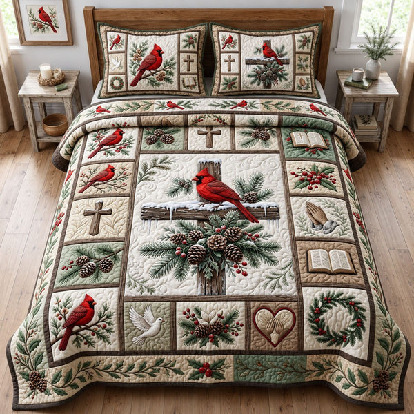 Winter Cardinal Cross quilted 3-piece bedding set on a made bed in a winter-styled bedroom